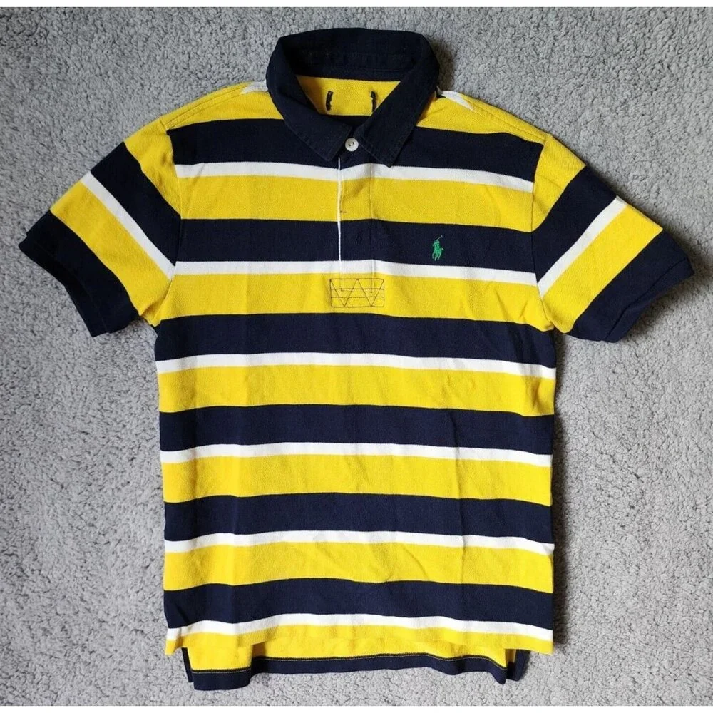 Ralph Lauren Yellow Blue Striped‎ Short Sleeve Rugby Polo Shirt Youth Size XL